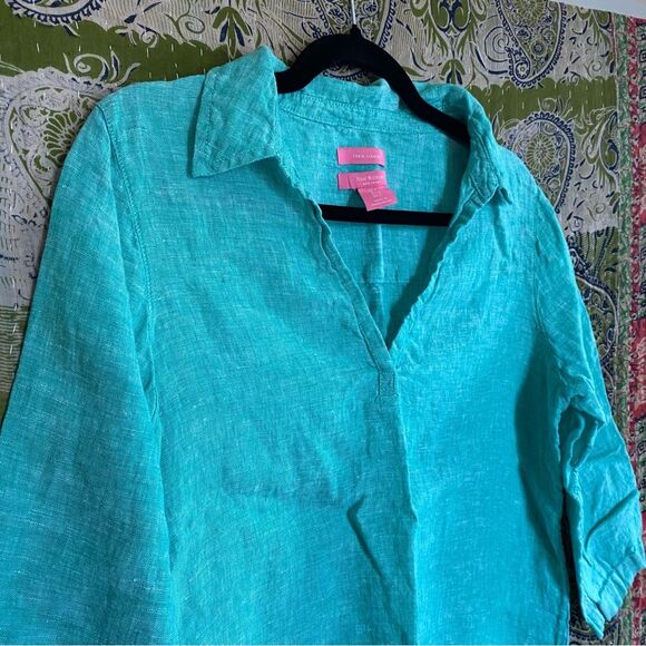 NWOT Isaac Mizrahi New York Teal Coastal Linen Top Size Small - Picture 3 of 11